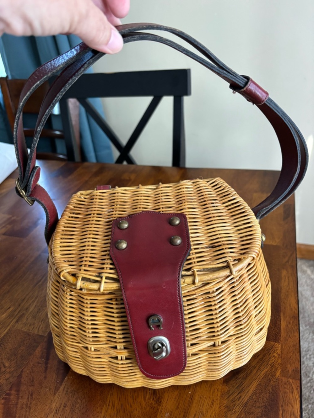 VINTAGE Etienne Aigner Woven Rattan Shoulder Bag with Burgundy Leather Trim